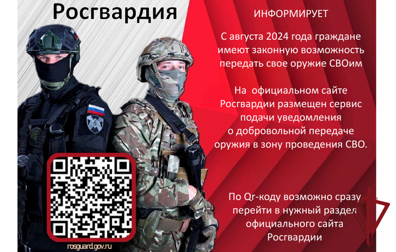 Росгвардия информирует о работе сервиса подачи уведомления о добровольной передаче оружия в зону проведения СВО
